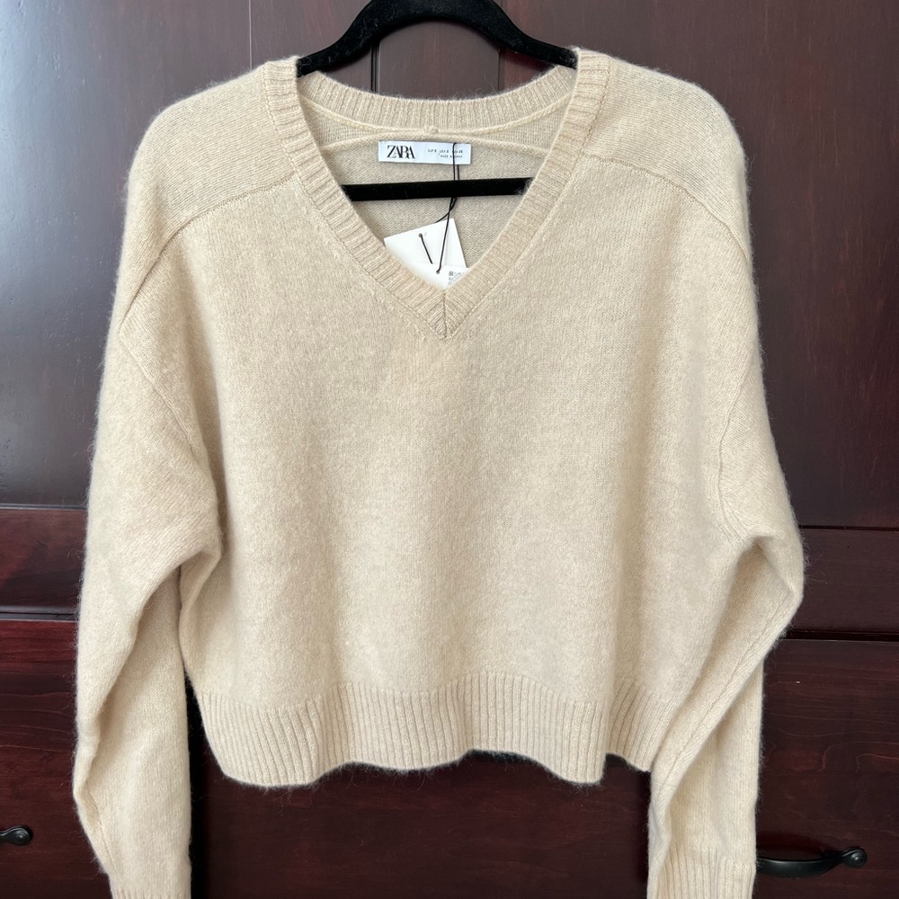 Zara Tan V-Neck Sweater with Chunky Knit